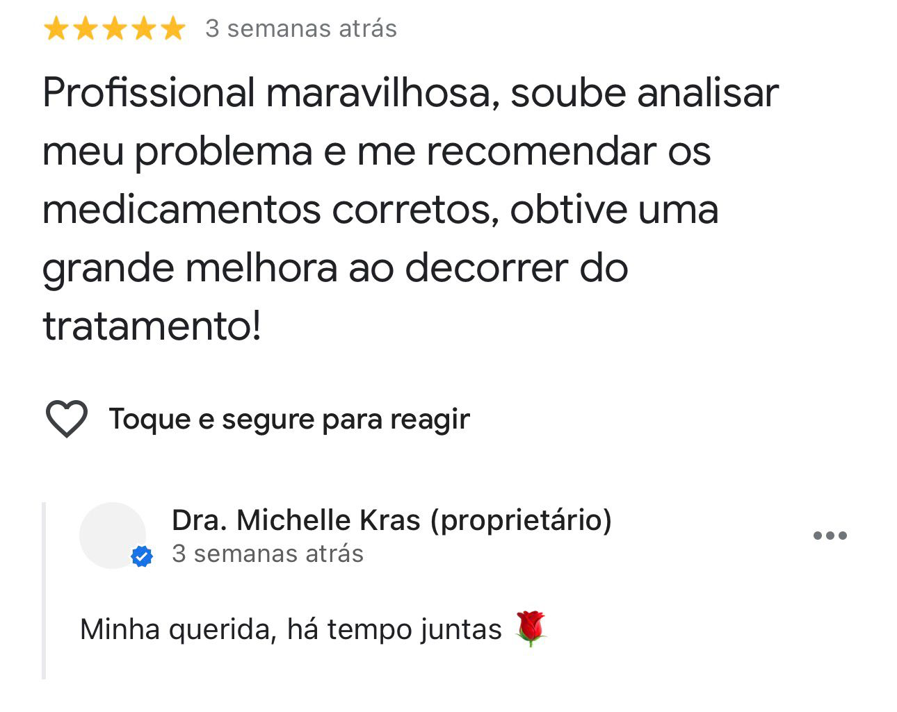 Avaliação de paciente no Google sobre a Dra. Michelle Krás