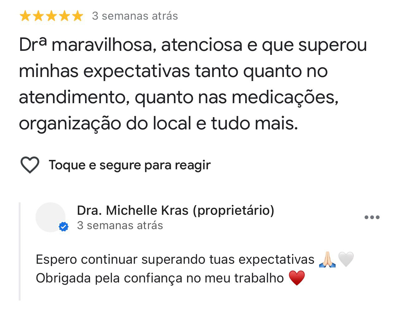 Avaliação de paciente no Google sobre a Dra. Michelle Krás